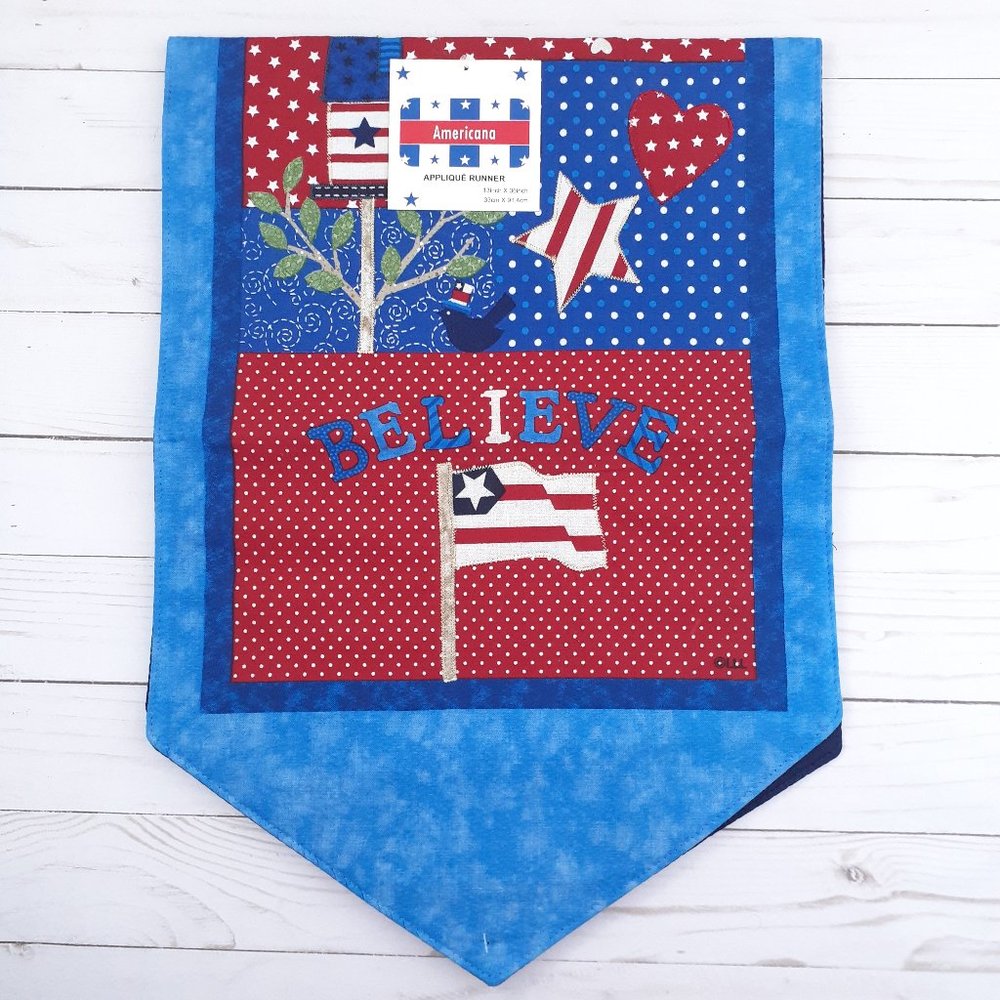 Applique Table Runner Americana Flag Birdhouse 13x36 Patriotic